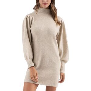 Blu Pepper Beige Mock Neck Puff Sleeve Mini Sweater Dress S